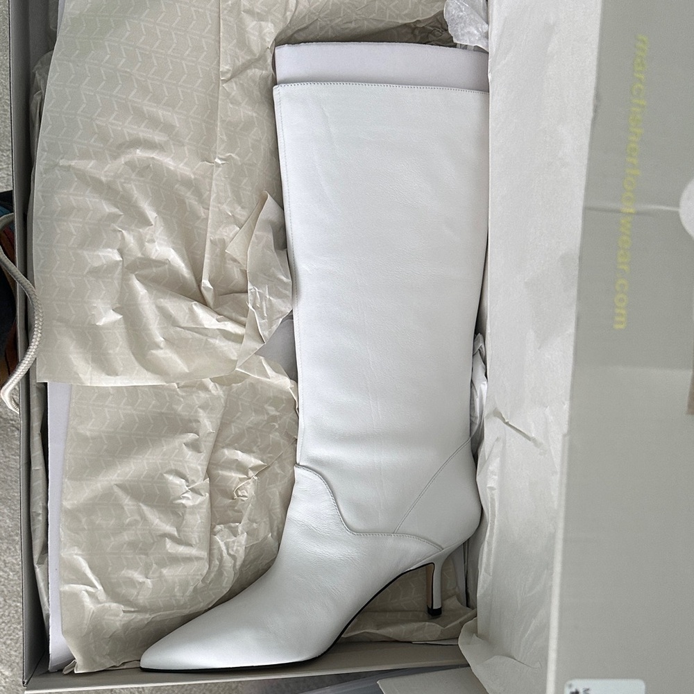 Marc Fisher White Leather Knee-High Pointed-Toe Boots